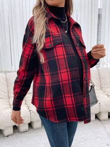 SHEIN Maternity Plaid Print Drop Shoulder Coat - Red - View 4