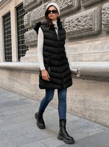 EURMUSE Zip Up Hooded Puffer Vest Coat - Black - View 3