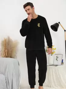 Men Crown Embroidery Flannel PJ Set / Pajama Set - Black - View 4