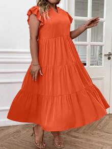 SHEIN LUNE Plus Notched Neck Ruffle Hem Smock Dress - Orange - View 3