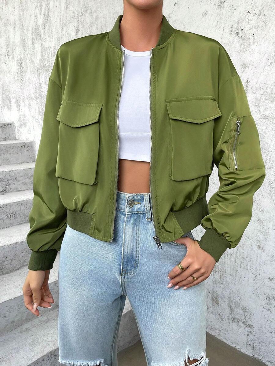 SHEIN Essnce Flap Pocket Drop Shoulder Bomber Jacket - Army Green - View 1