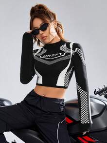 SHEIN Coolane 字母圖案小高領短款毛衣 - 黑與白 - 查看 4