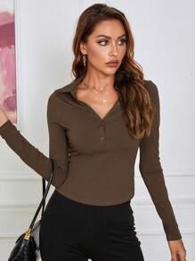 SHEIN Essnce 素色半排扣羅紋針織T恤 - 咖啡棕 - 查看 6