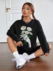 SHEIN EZwear Hoa & In Bộ xương Lót nhiệt Áo nỉ - màu đen - Xem 1