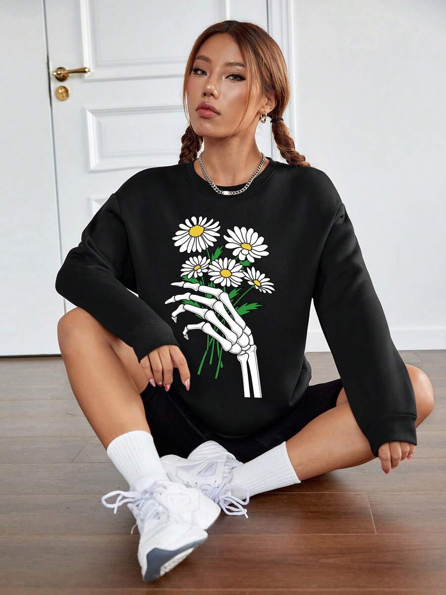 SHEIN EZwear Hoa & In Bộ xương Lót nhiệt Áo nỉ - màu đen - Xem 1