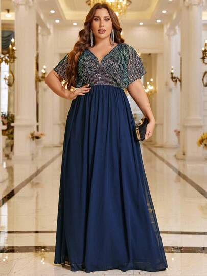 SHEIN Belle Plus Contrast Sequin Batwing Sleeve Chiffon Dress Elegant Formal Evening Prom Wedding Guest Gown, For Graduation, Dinner