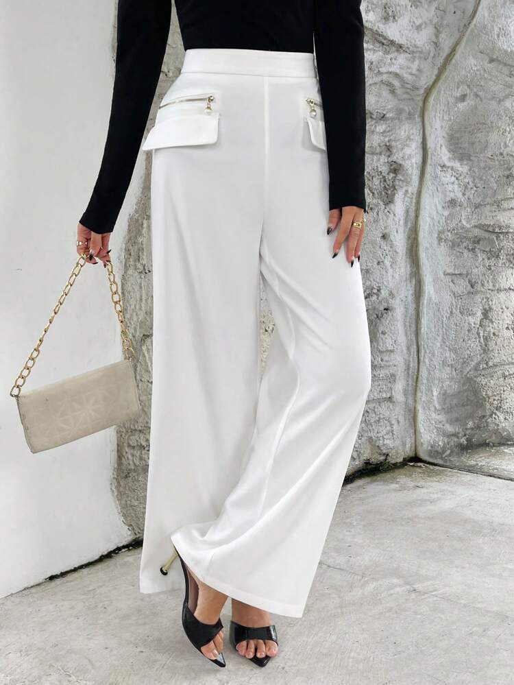 High Waist Flap Detail Wide Leg Pants