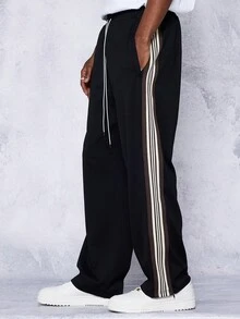 SUMWON Athletic Track Pants With Side Stripes Drawstring Waist Sleek Sporty Modern Lifestyle Pants Training Athletics Gym Wear - Black - View 2