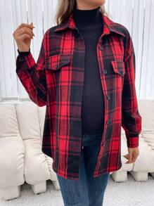 SHEIN Maternity Plaid Print Drop Shoulder Coat - Red - View 5