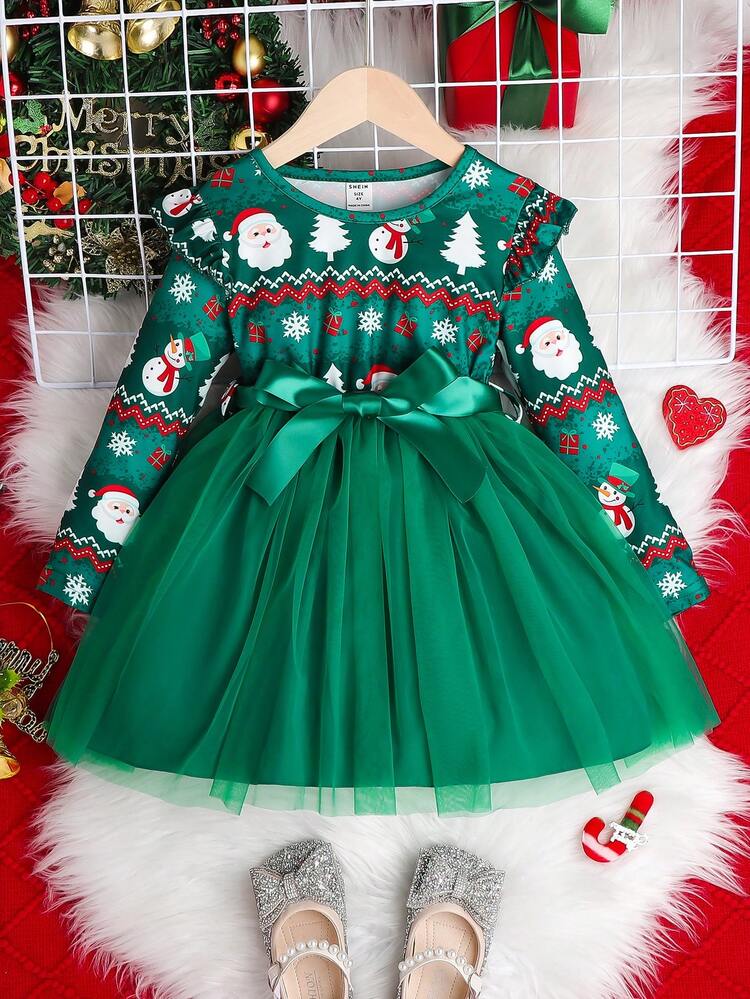 SHEIN Cô Gái Trẻ In Giáng sinh Viền Ruffle Lưới Hem Váy có thắt lưng - Màu xanh lá cây đậm - Xem 1