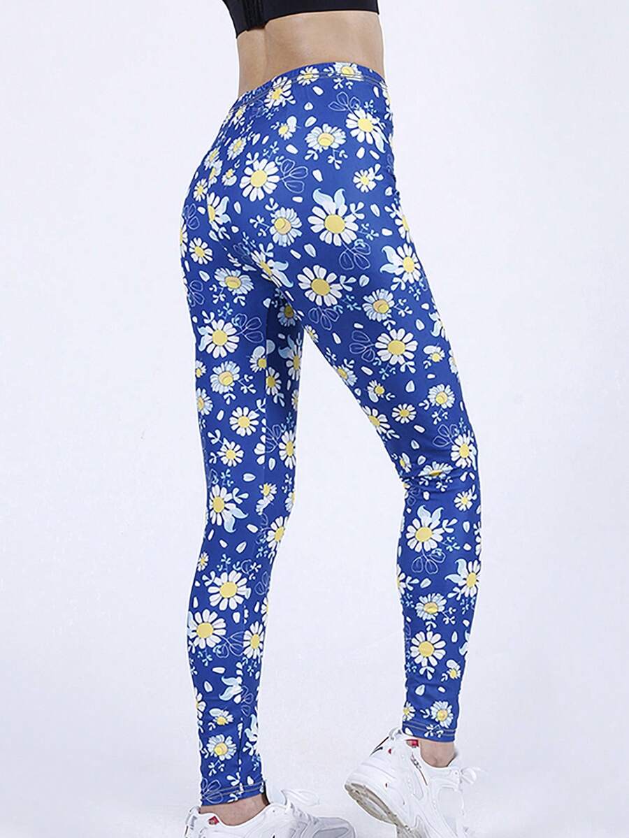 Daisy Floral Print Leggings - Blue - View 1