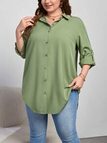 SHEIN Essnce 纯色正面纽扣衬衫 - 綠色 - 查看 4