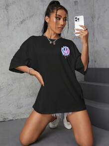 INAWLY Expression Print Drop Shoulder Tee Graphic Tees Women Tops - Black - View 3