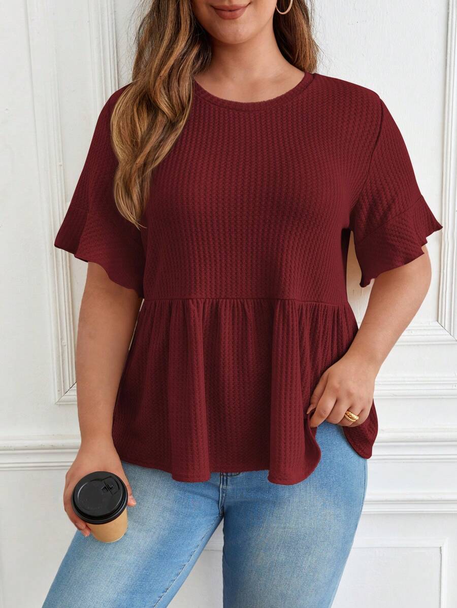SHEIN Frenchy Plus Waffle Knit Flounce Sleeve Peplum Tee