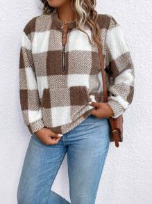 SHEIN LUNE Plus Buffalo Plaid Print Half Zip Teddy Sweatshirt - Coffee Brown - View 6