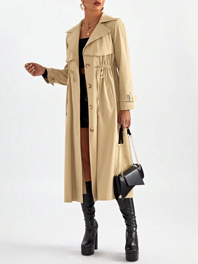 Lapel Neck Drawstring Waist Trench Coat