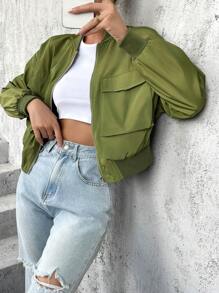 SHEIN Essnce Flap Pocket Drop Shoulder Bomber Jacket - Army Green - View 4