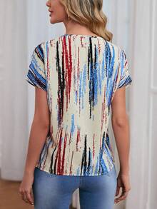 EMERY ROSE Brush Print Keyhole Neck Batwing Sleeve Blouse - Navy Blue - View 2