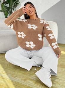 SHEIN EZwear 大碼花卉圖案落肩袖套頭毛衣 - 彩色 - 查看 4