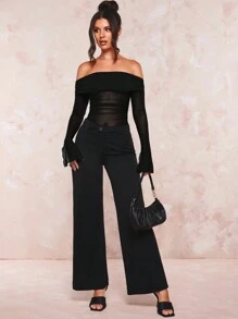 SHEIN BAE 一字肩褶邊網紗上衣 - 黑色 - 查看 6