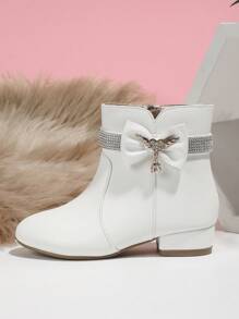 女孩冬天時尚低跟靴子帶圓頭,側拉鍊,鑽石裝飾,白色厚跟踝靴