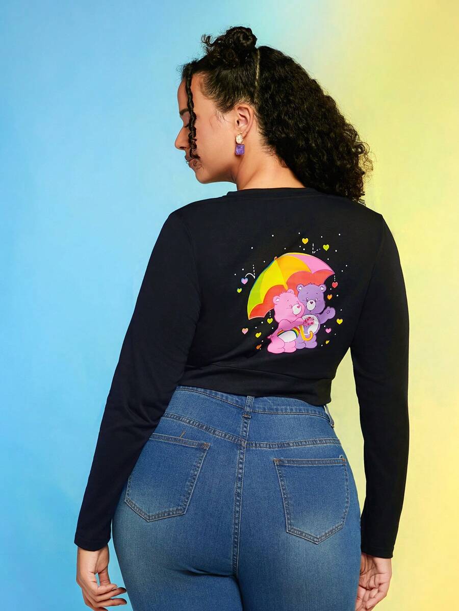 SHEIN X Care Bears Plus Heart and Cartoon Graphic Crop Tee - Black - View 1