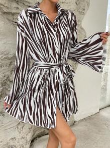 SHEIN Essnce In hoa văn ngựa vằn Thắt lưng Váy sơ mi - Nhiều màu - Xem 3