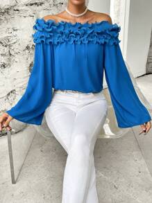 SHEIN Privé Blusa de hombros descubiertos ribete con fruncido de manga farol - Azul - Ver 5