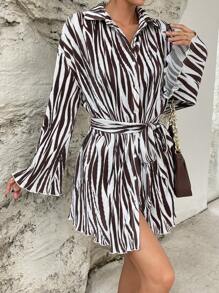 SHEIN Essnce In hoa văn ngựa vằn Thắt lưng Váy sơ mi - Nhiều màu - Xem 6