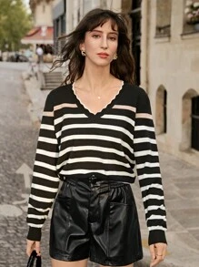 SHEIN Frenchy 1 Miếng Mẫu sọc Cổ v Áo len - Đen và trắng - Xem 5