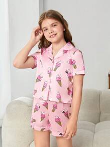 SHEIN 女大童冰淇淋印花西裝領睡衣套裝 - 淺粉色 - 查看 4