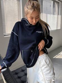 DAZY 女式休闲字母印花保暖内衬连帽卫衣，秋冬 - 藏蓝色 - 查看 7