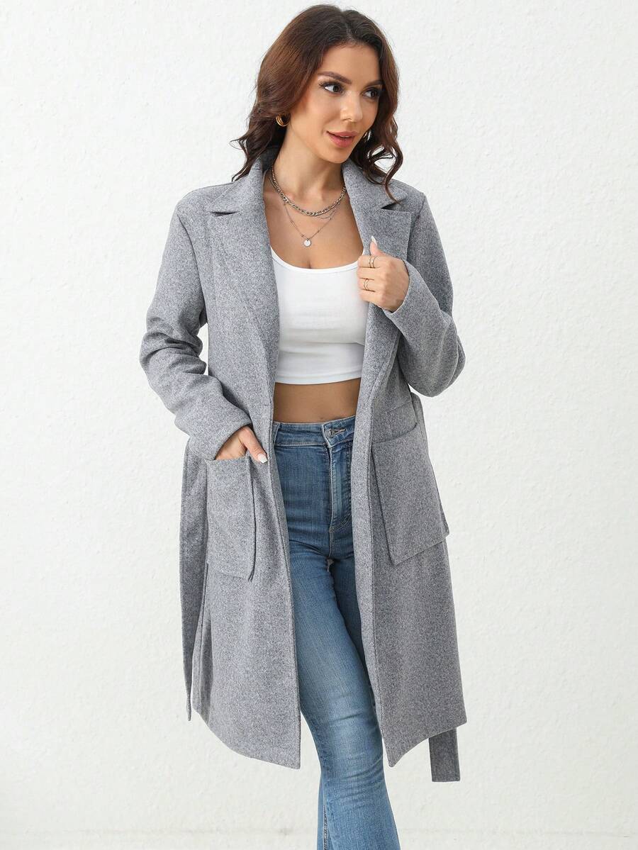 SHEIN Essnce Lapel Neck Dual Pocket Belted Overcoat for Sale Australia