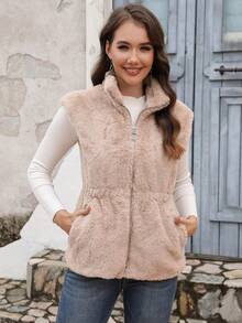 RELISH NOLESS Dây kéo mặt trước Áo khoác vest fuzzy - Lạc đà - Xem 7