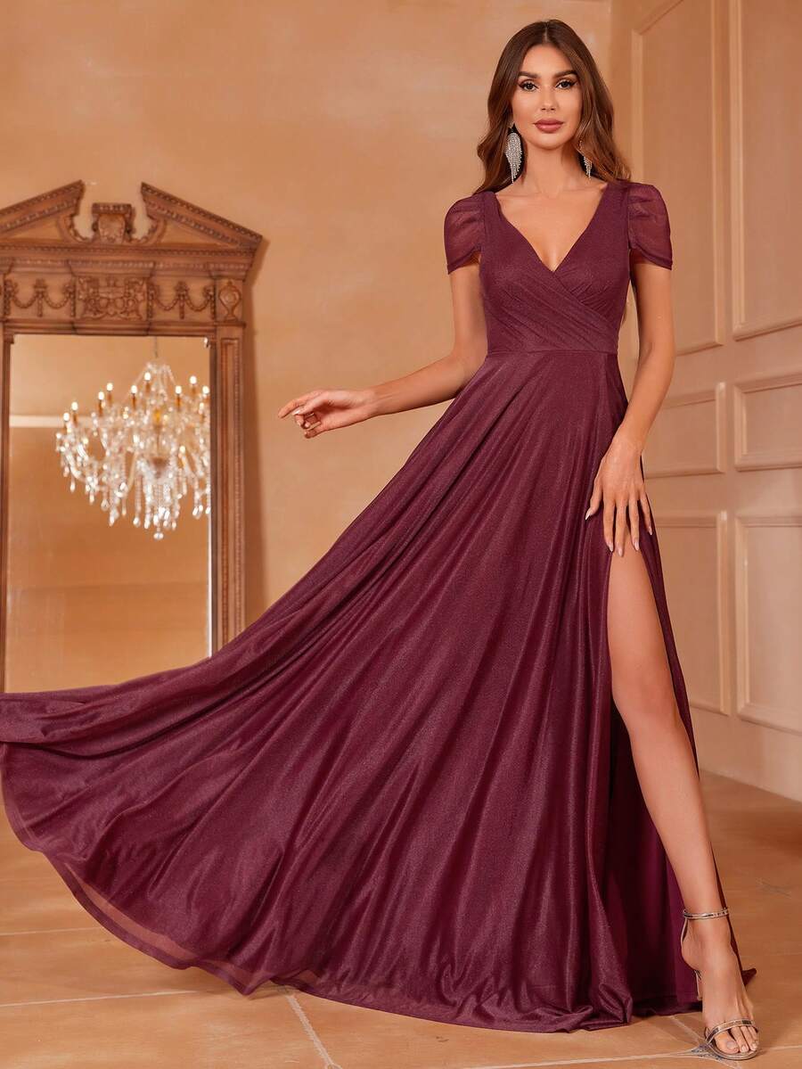 Ruched Split Thigh Formal Dress - Burgundy - View 1