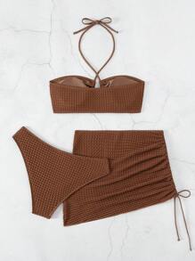 Swim Basics Summer Beach Criss Cross Halter Bra & Swim Bottom Bikini Set With Beach Cover Up Skirt Bathing Suit