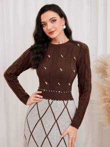 Modelyn Argyle Pattern Pearls Beaded Sweater Dress - Coffee Brown - View 7