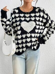 SHEIN Unity Hình trái tim Thả vai Áo len - Đen và trắng - Xem 3