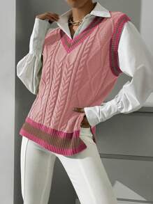 Chiquease 女士休闲宽松条纹V领针织背心，秋冬季 - 彩色 - 查看 4