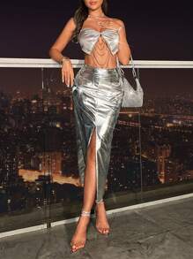 GENKIRA Split Thigh Metallic Skirt - Silver - View 1