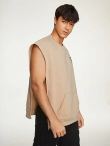 GENTILAND Men Letter Graphic Kangaroo Pocket Sleeveless Sweatshirt - Khaki - View 5