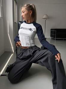 DAZY Camiseta con estampado de letra de manga raglán - Blanco - Ver 6