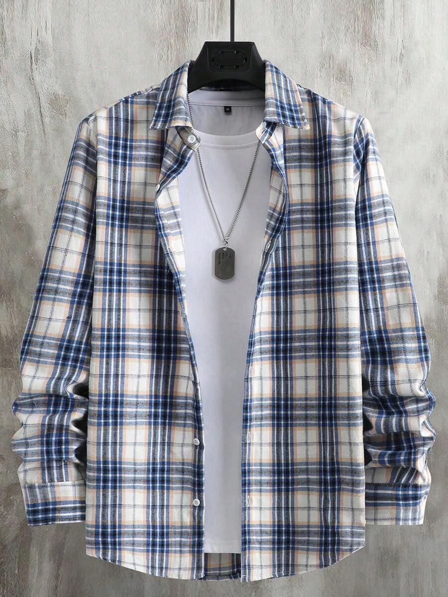 Manfinity Homme Men Plaid Print Shirt Without Tee, Long Sleeve Button Up Casual Shirt, Fall