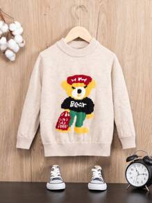 Young Boy Bear & Letter Pattern Sweater - Beige - View 1