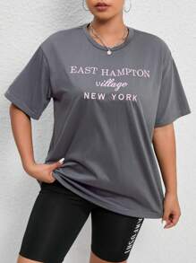 SHEIN EZwear 大碼刺繡字母圖案落肩T恤 - 灰色 - 查看 4