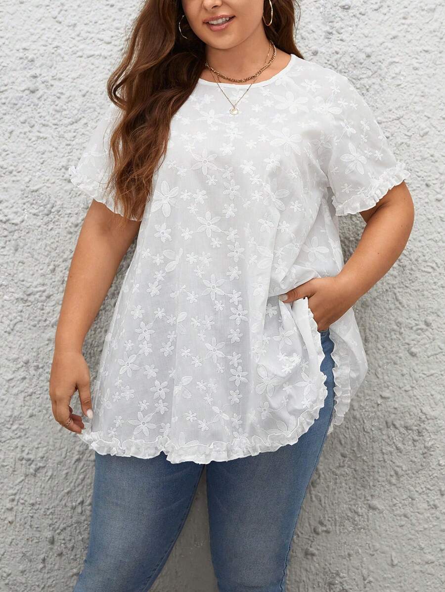 Calvaya Plus Floral Embroidery Frill Trim Blouse - White - View 1