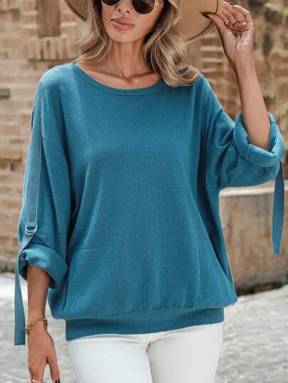 SHEIN LUNE Roll Tab Sleeve Knot Cuff Drop Shoulder Sweater