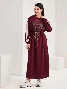 Mulvari 勃艮第红色标语图案对比侧缝抽绳腰部落肩连衣裙 - 酒紅色 - 查看 4