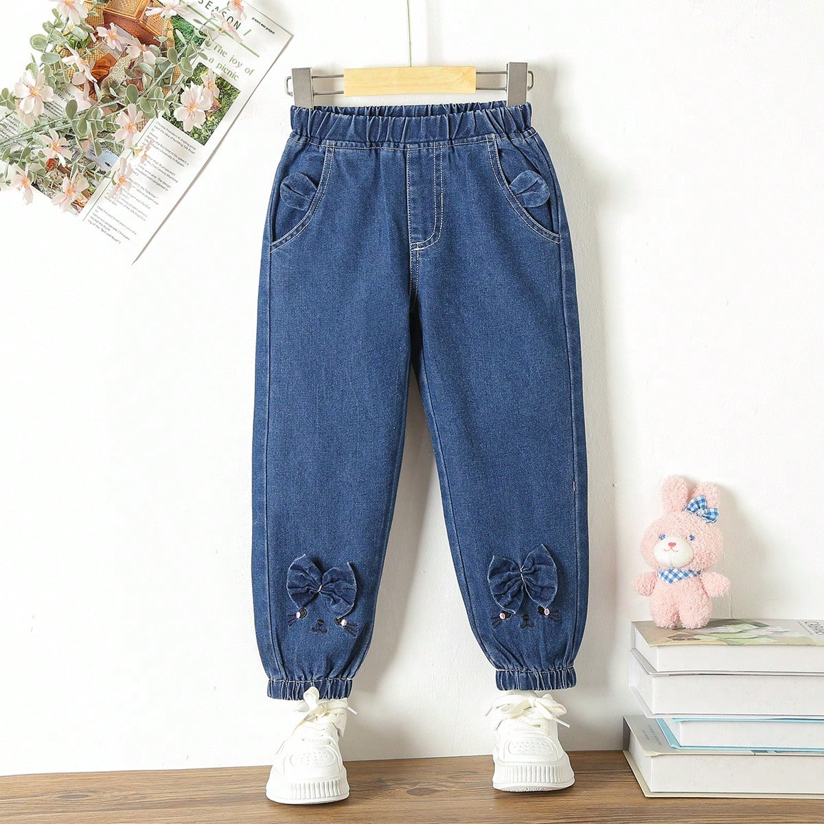 Jeans joggers con detalle de lazo para niñas jóvenes - Jeans con lazo para niñas jóvenes - Jeans con lazo para niñas - Pantalones de mezclilla co