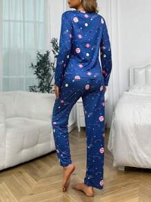 Conjunto de pijama con estampado de galaxia, ropa de otoño e invierno cómoda y elegante - azul real - Ver 2